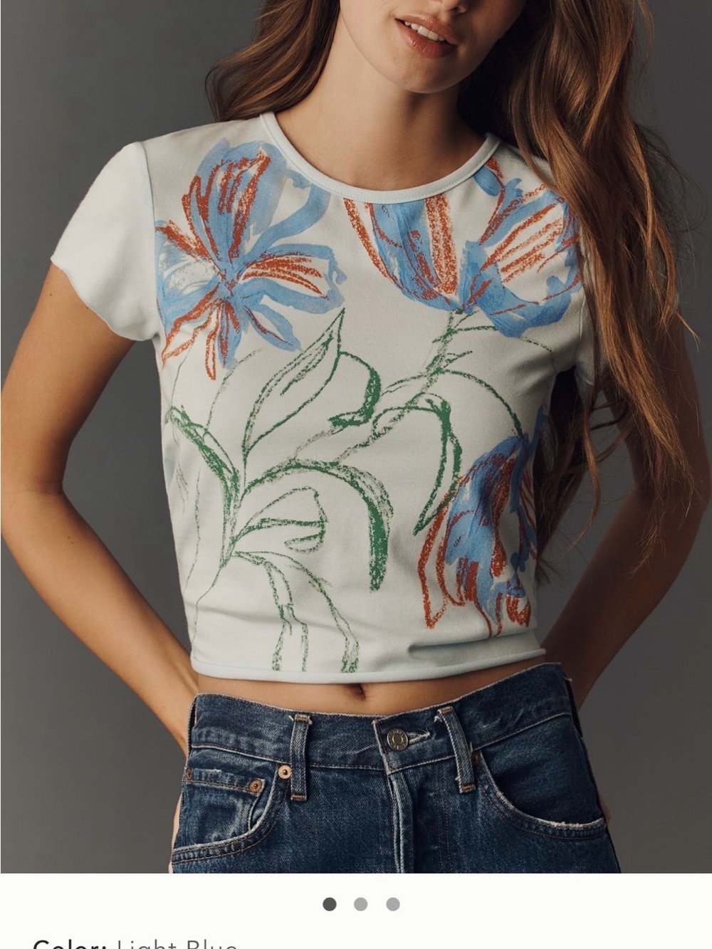 Anthropologie Evan Tee XL NWT Floral Graphic Stretch Crop Baby Tee Light Blue